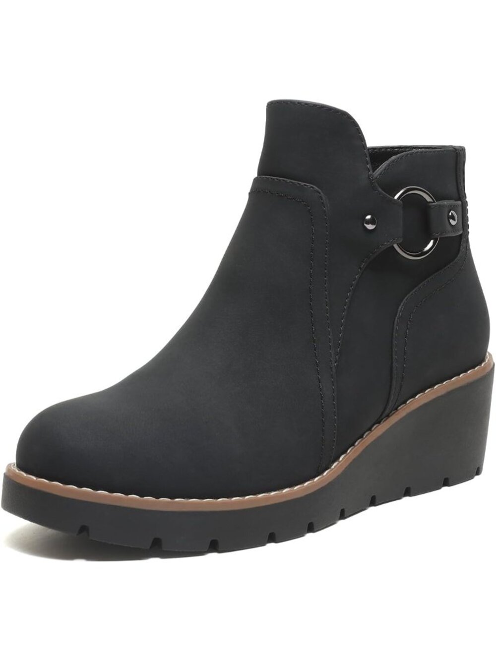 Women's Black Wedge Ankle Boots Chunky Low Heel Fall Short Booties Side Zipper
